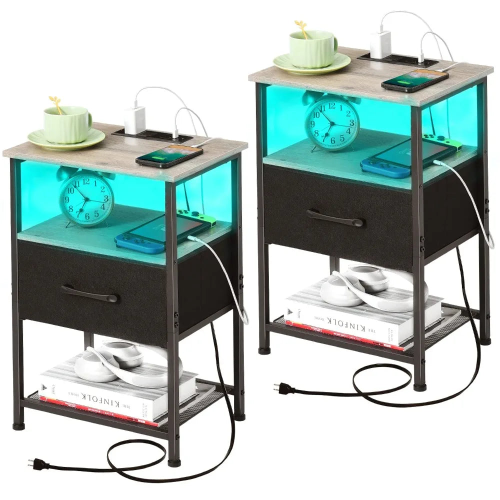 Nightstands Set of 2, Charging Station, Drawer,  20 Colors LED Light Strip and 2 Layer,s Shelf