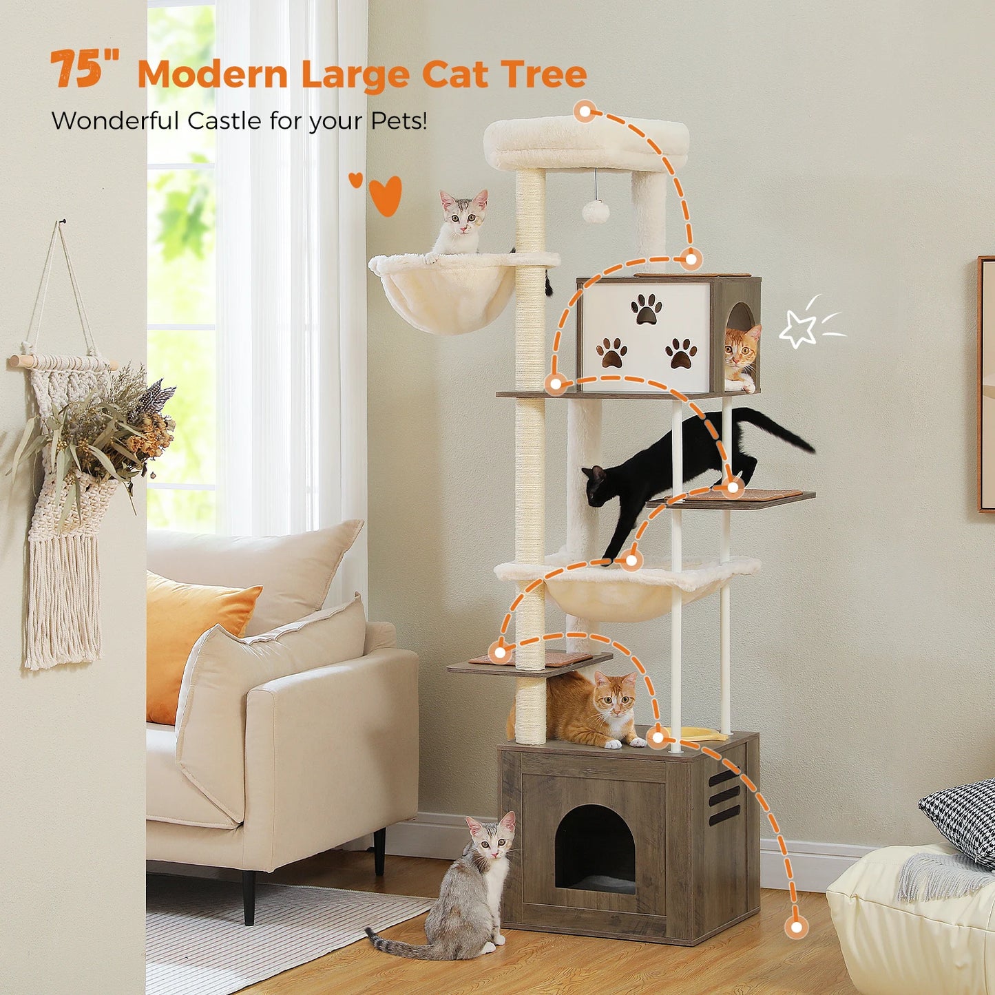 Cat Tree, Sisal Posts, Wooden Tower, Large Condos, Hammocks, Indoor