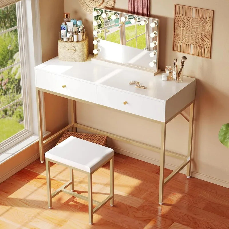 Desk with 2 Drawers,Modern Makeup Vanity Desk with Padded Stool, Small Computer Table Home Office Desk for Writing Study Bedroom