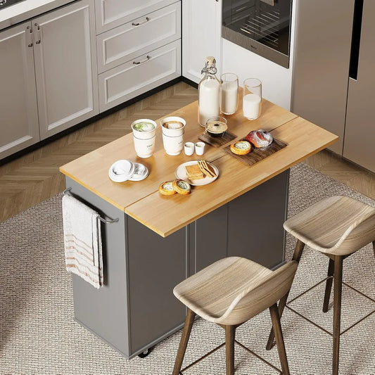 Rolling Kitchen Island Cart. Folding Drop Leaf Breakfast Bar, Large Storage Cabinet,