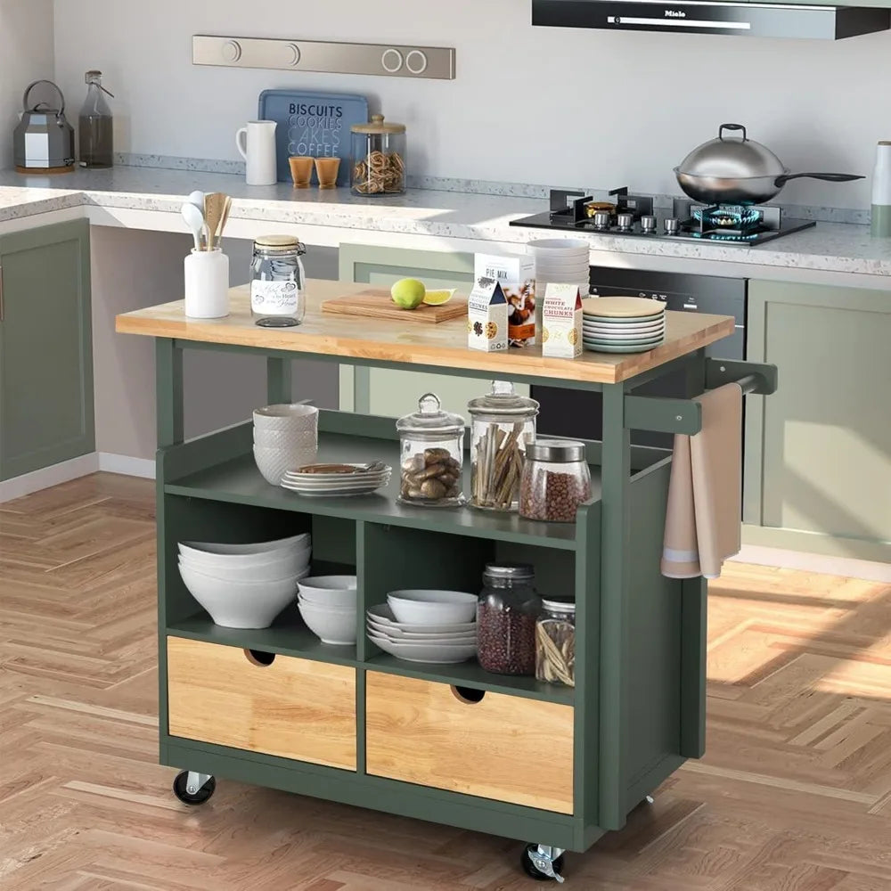 Butcher Block Island Table for Food Prep, Rolling Trolley