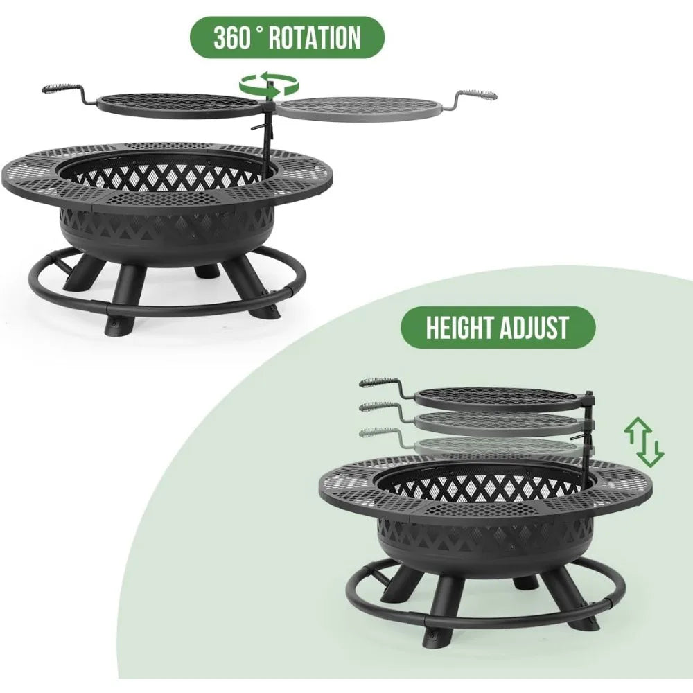 36 Inch Fire Pit Wood Burning Pits for Outside with Lid& Fire Poker, Round Metal Pit Table 3 in 1