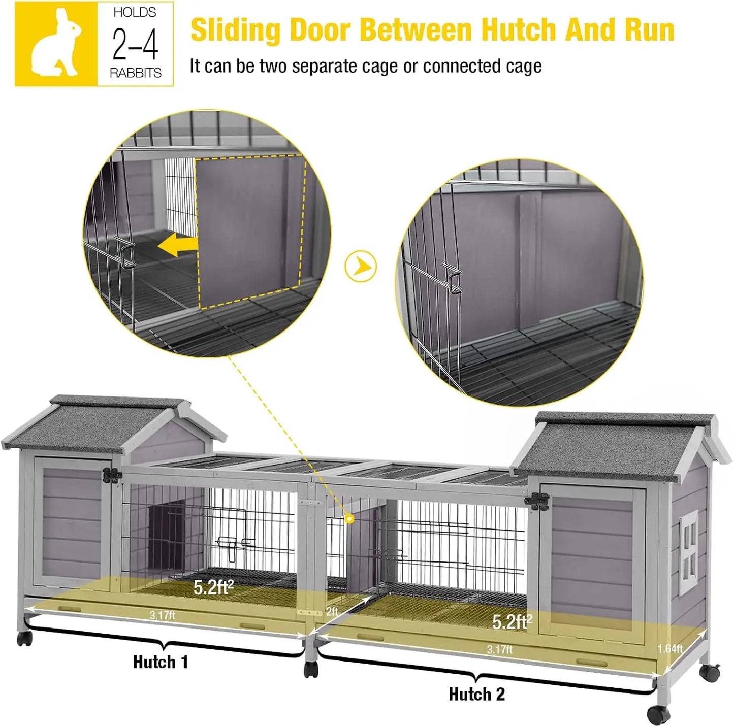 Rabbit/Guinea Pig Cage,  Double House Run, Indoor Outdoor. Deeper No Leak Trays. Wheels