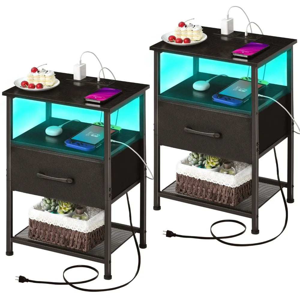 Nightstands Set of 2, Charging Station, Drawer,  20 Colors LED Light Strip and 2 Layer,s Shelf