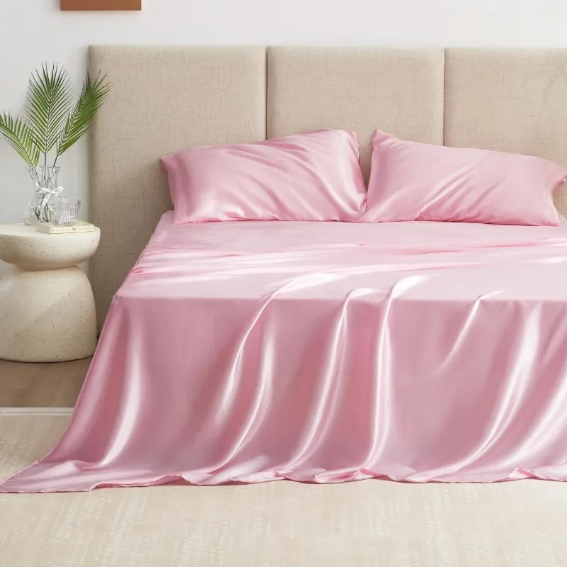 4 Piece Pink Silky Satin Bed Sheets Queen Set, Deep Pocket