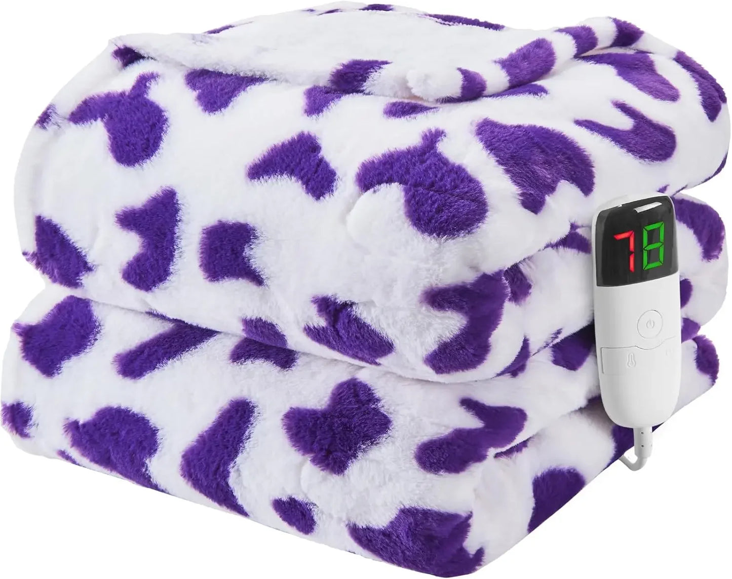 Cow Print Heated Electric Throw, 62x84 Twin Faux Fur, 10 Heating Levels, Soft Cozy Sherpa Blanket