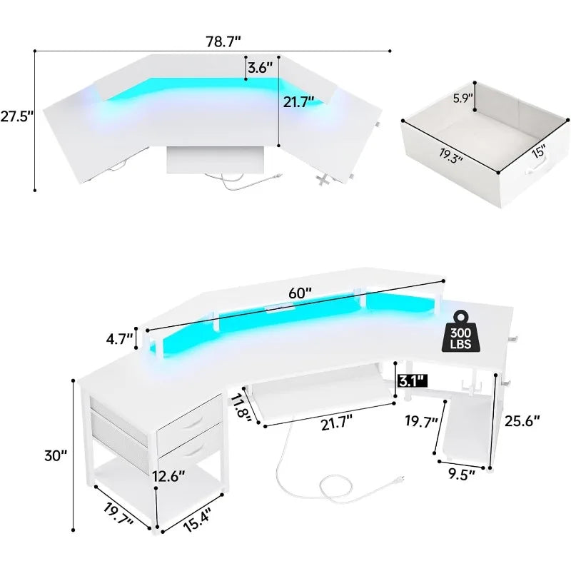 Gaming Desk, Computer Desk.2 Fabric Drawers & LED Light, L Shaped