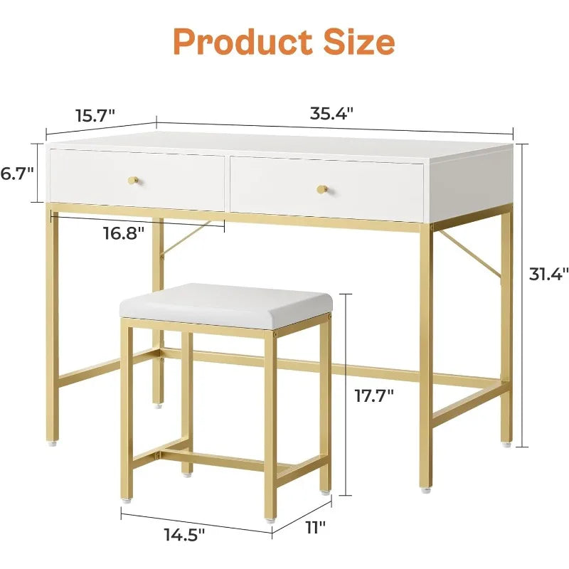 Desk with 2 Drawers,Modern Makeup Vanity Desk with Padded Stool, Small Computer Table Home Office Desk for Writing Study Bedroom