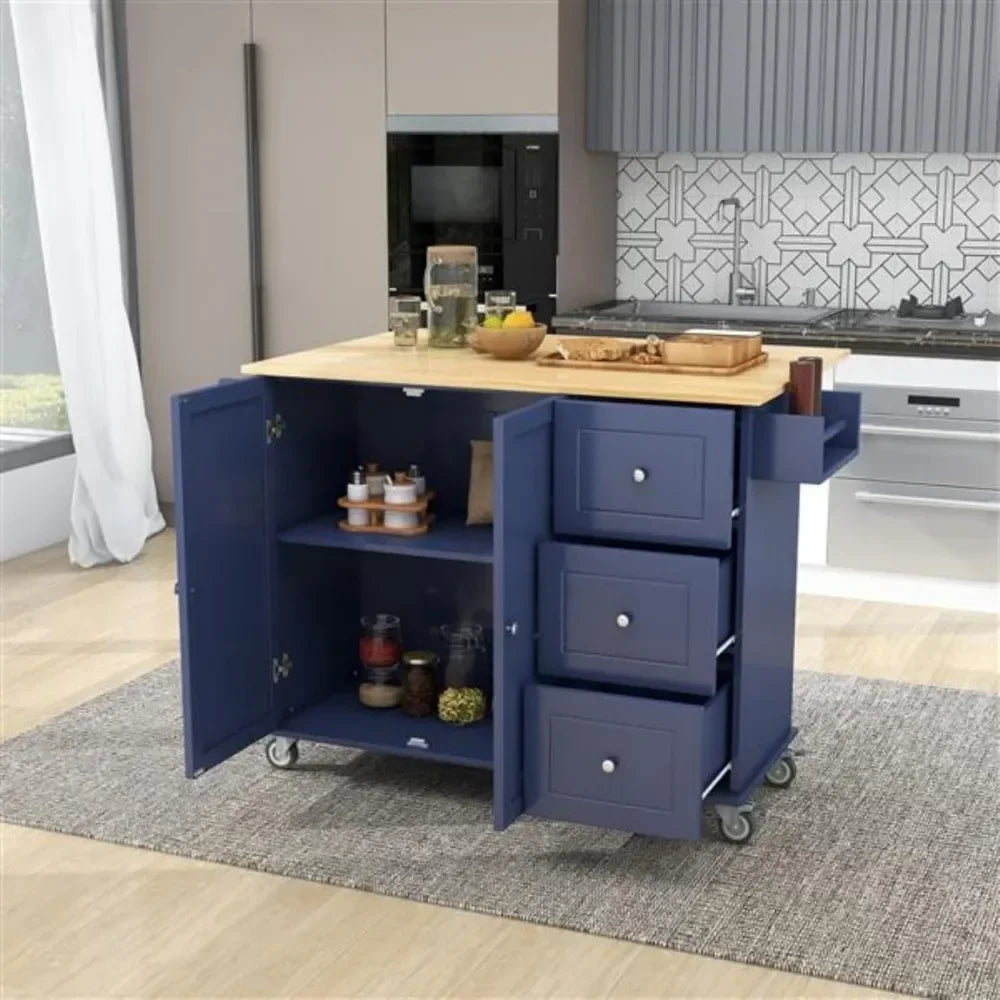 Cabinet, Drop Down Board, Solid Wood Top, Dark Blue, Kitchen Islands Trolleys