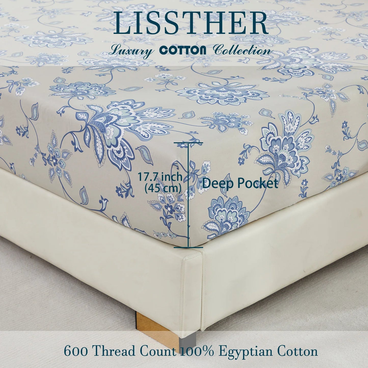 4pcs 600 TC 100% Egyptian Cotton Fitted Sheet Set in Boho Damask Paisley, Soft & Skin-friendly