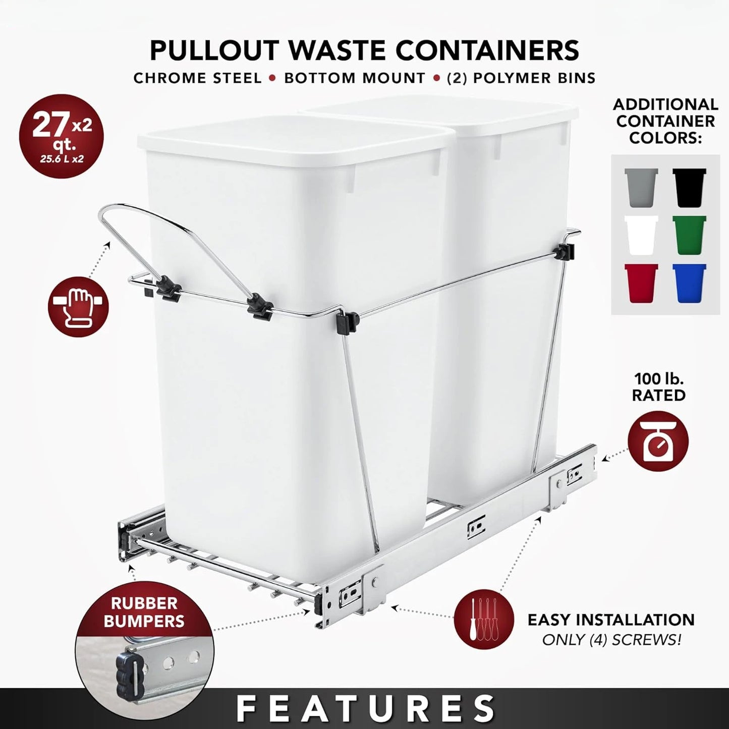 Corner Pull Out Trash Can, Under Kitchen Cabinets, 27Qt 12 Gallon Garbage Waste Recyling Bin, Full Extension Slides