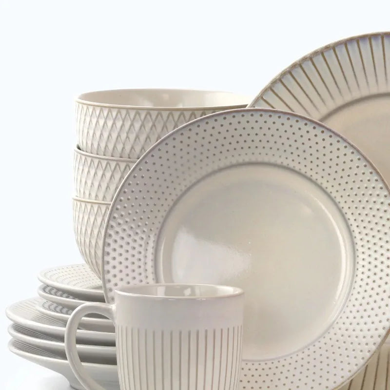 16-Piece  Stoneware Dinnerware, Embossed White - Good Bargain Finds