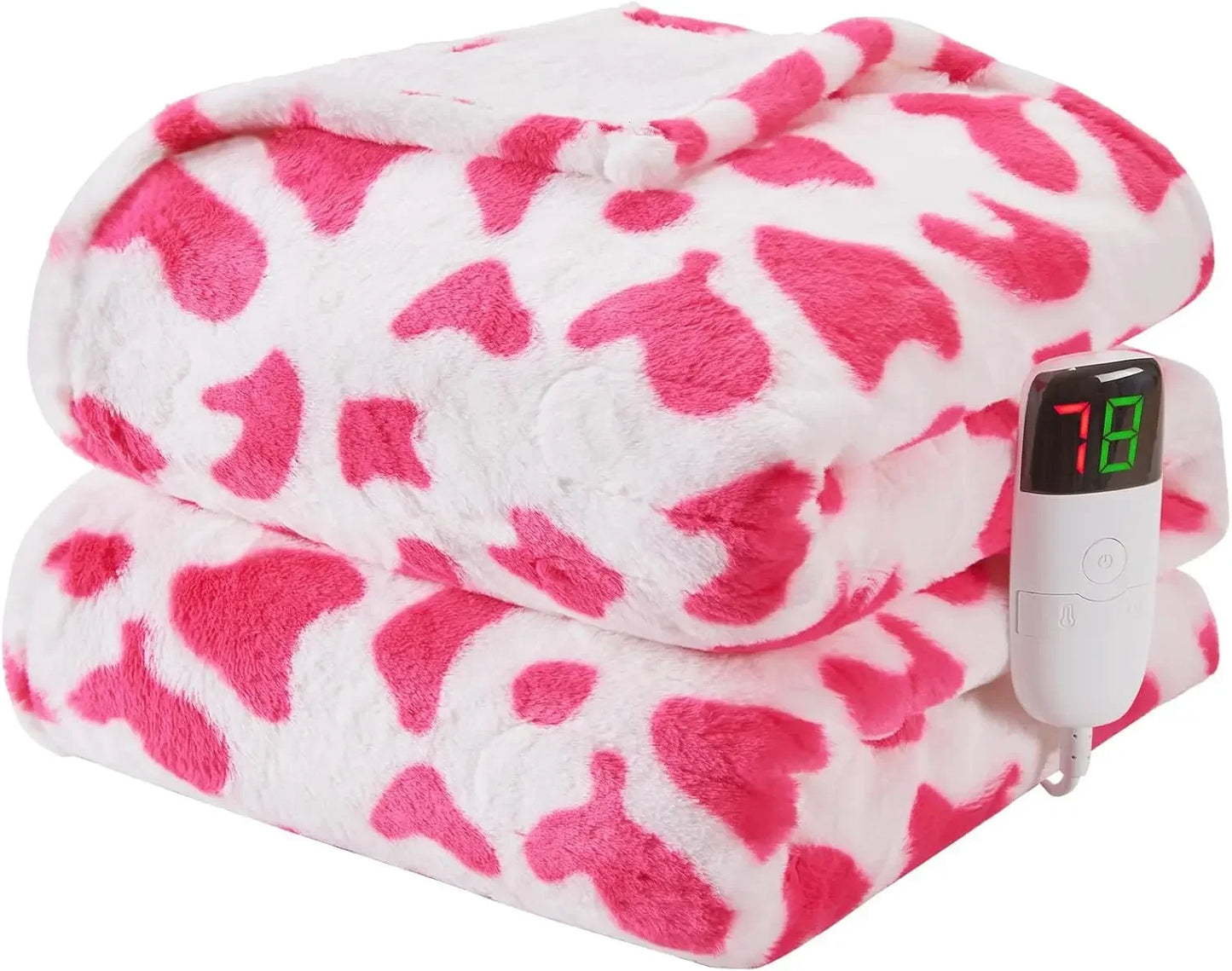 Cow Print Heated Electric Throw, 62x84 Twin Faux Fur, 10 Heating Levels, Soft Cozy Sherpa Blanket