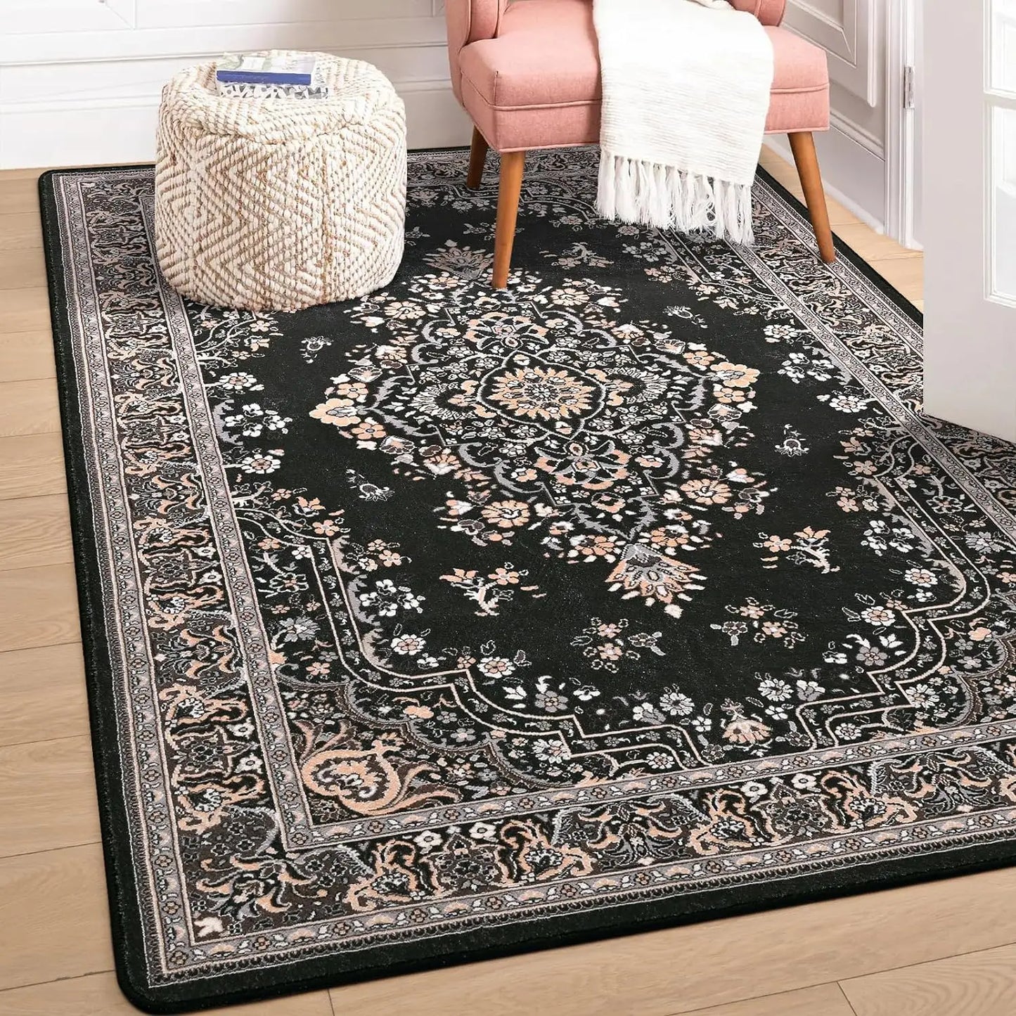 Living Room Non Slip Vintage Rug Faux Wool Floral Rug, Bedroom. Dining/Living Room