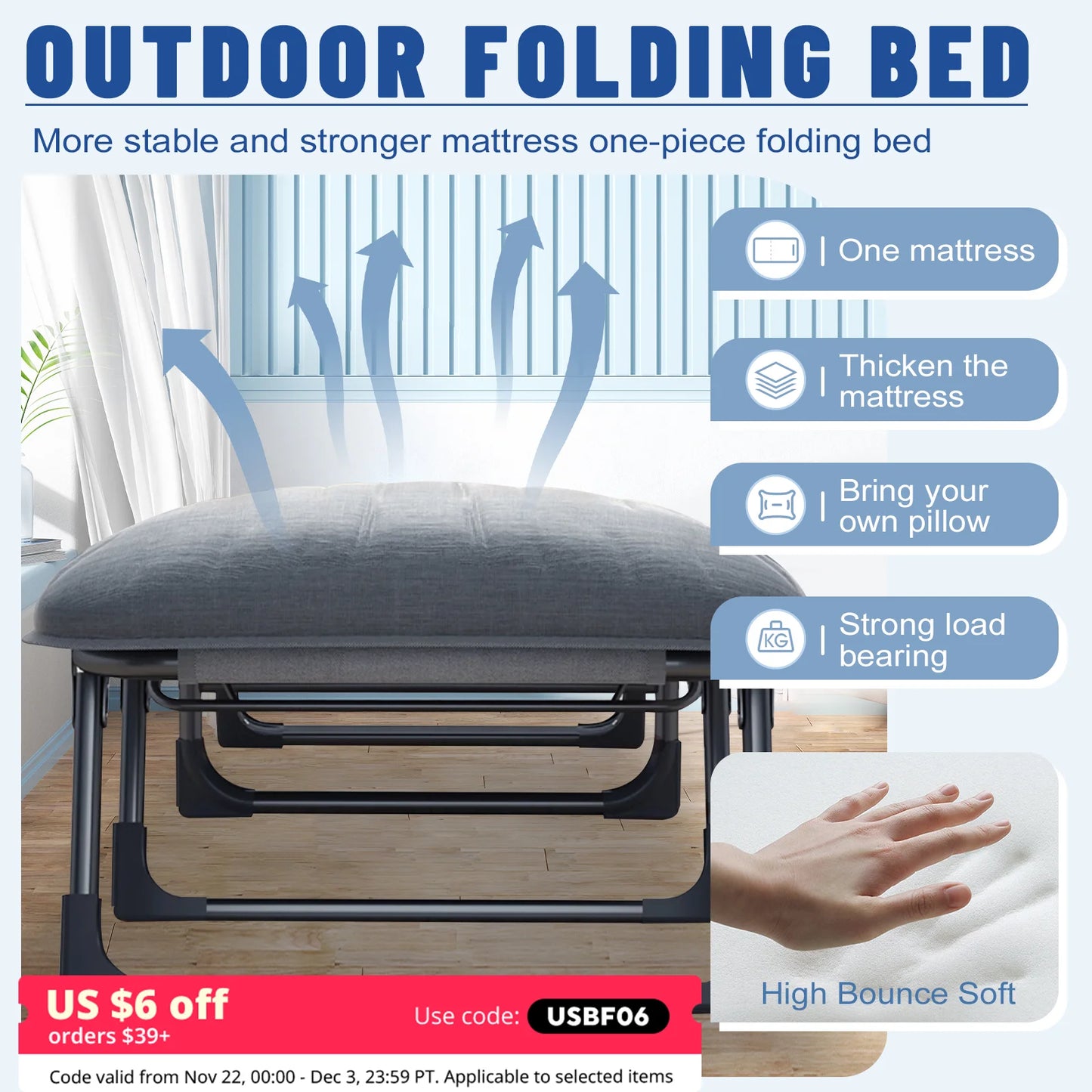 Sleeping Cots for Adults 6 Positions, Portable & Foldable Bed, Mattress, Pillow, Heavy Duty Sturdy Frame