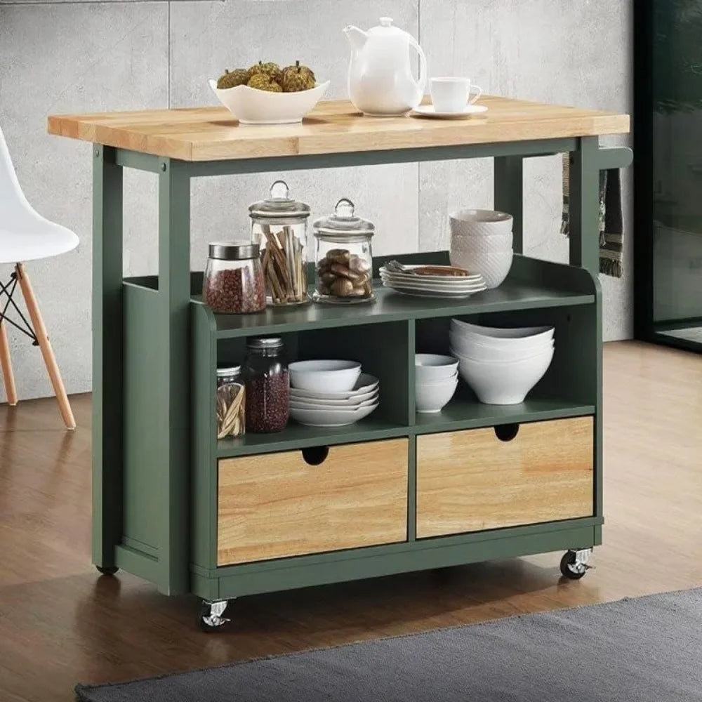 Butcher Block Island Table for Food Prep, Rolling Trolley