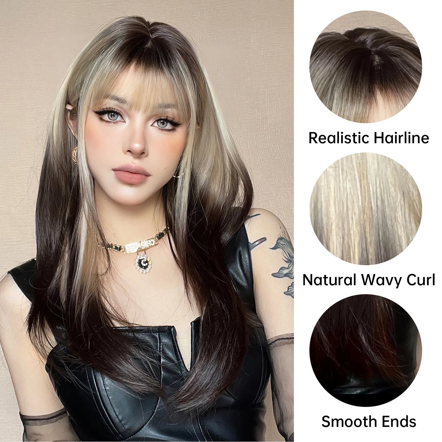 Long Brown Blonde Straight Synthetic Wig with Bangs - Good Bargain Finds