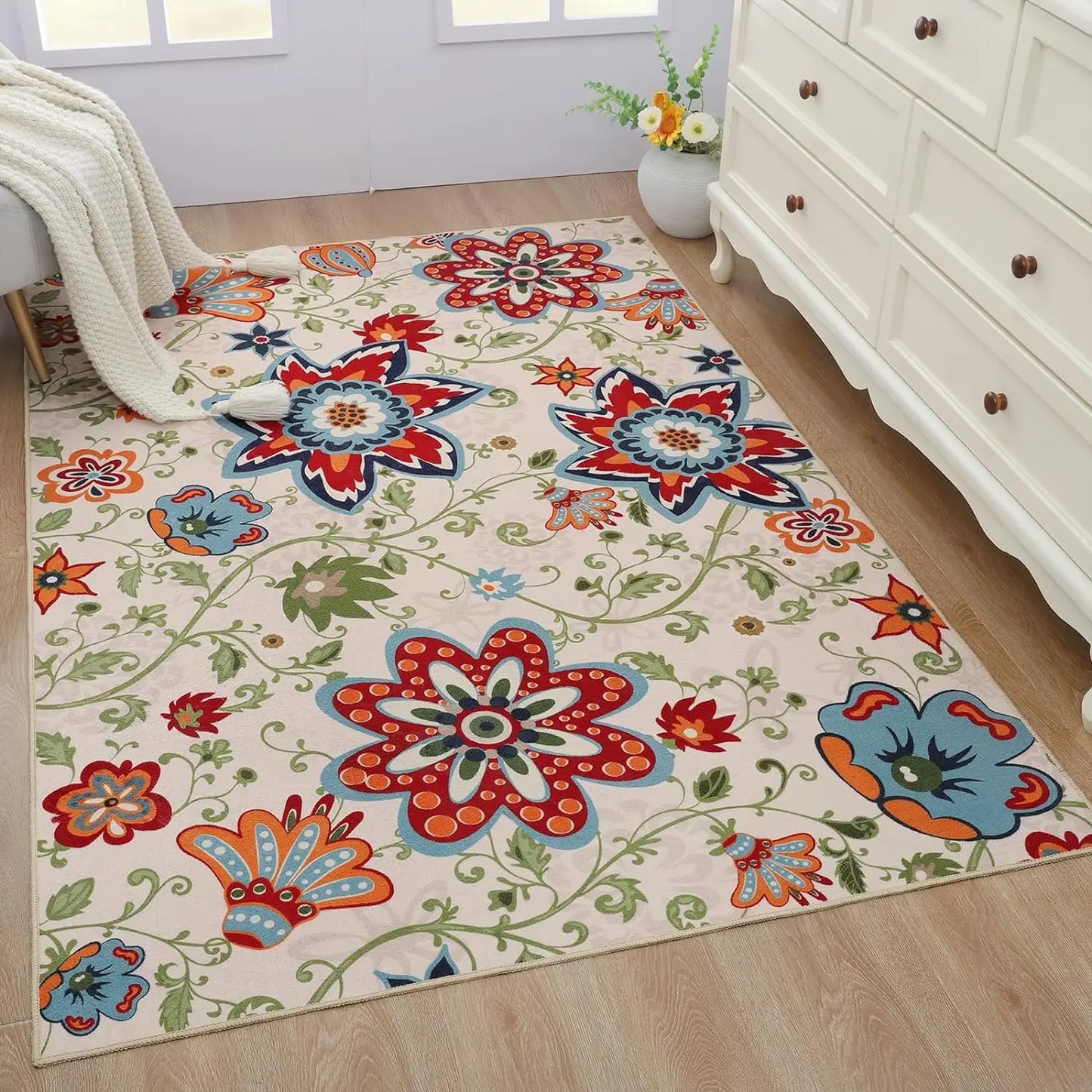 Floral, Washable Non-Slip Soft Living Room Area Rug, Stain Resistant, Entryway Indoor