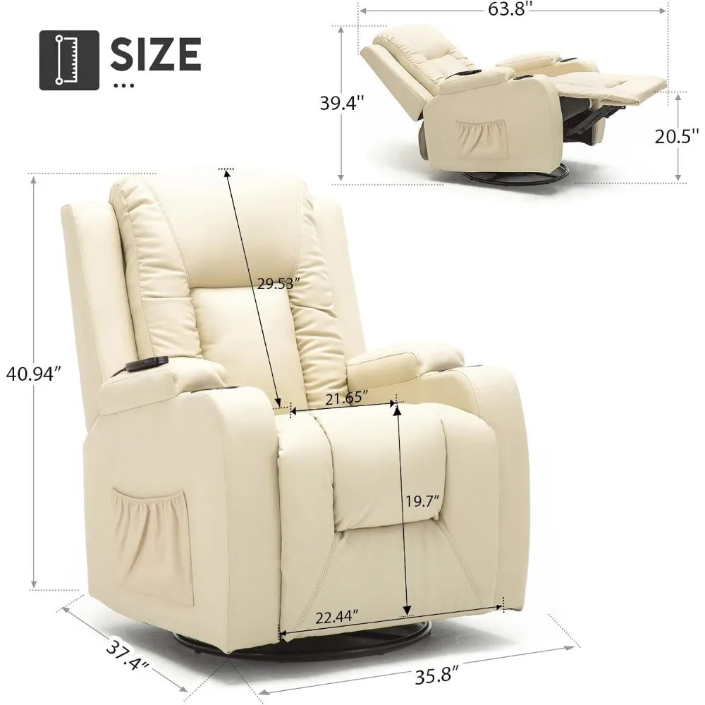 Rocking Chair, Swivel Recliner with Cup Holders, Heat and Massage