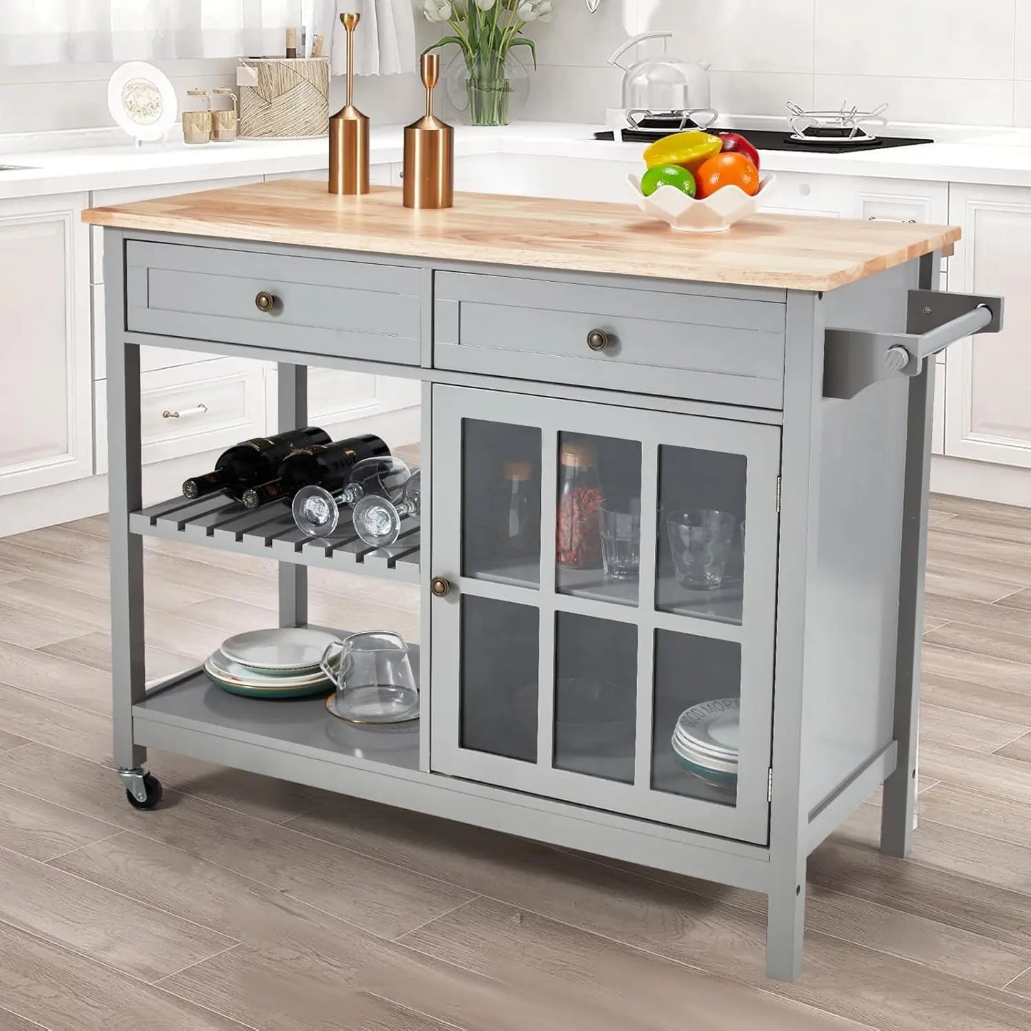 Kitchen Island Cart, 42" Width, Storage, Wood Tabletop, 2 Lockable Wheels, Towel Rack & Trolley