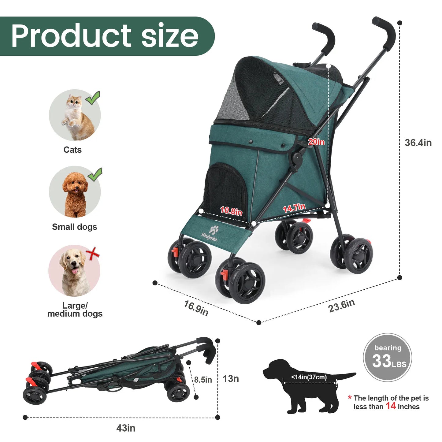 Outdoor Puppy Stroller Cat Dog Travel Breathable Pet Stroller Lightweight Folding Universal Wheels Small Medium Pet Stroller