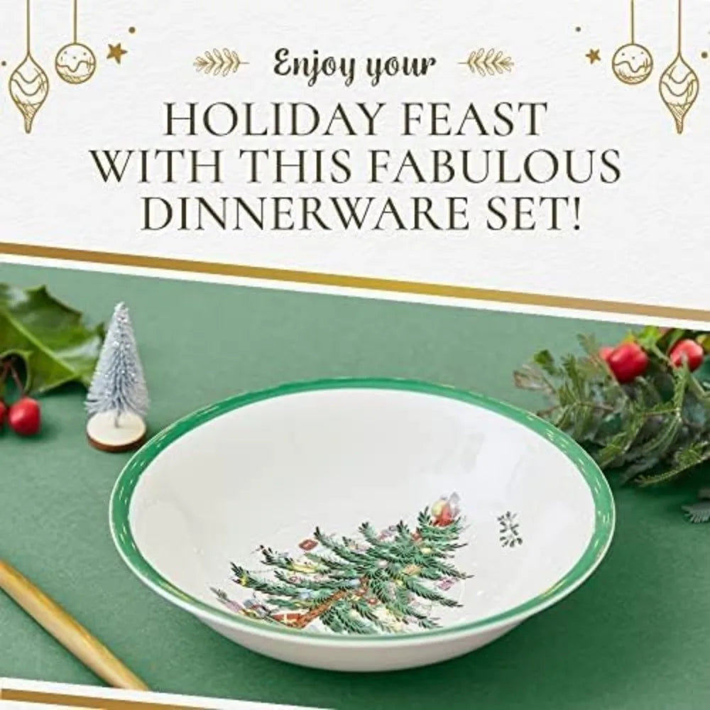 Spode Christmas Tree Collection 16-Piece Dinnerware Set | Service for 4 | Dinner and Salad Plates, Coffee Mugs, and Cereal