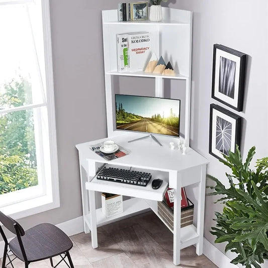 Corner Desk/Hutch, 90 Degrees Triangle ,Keyboard Tray & Bookshelves for Small Space