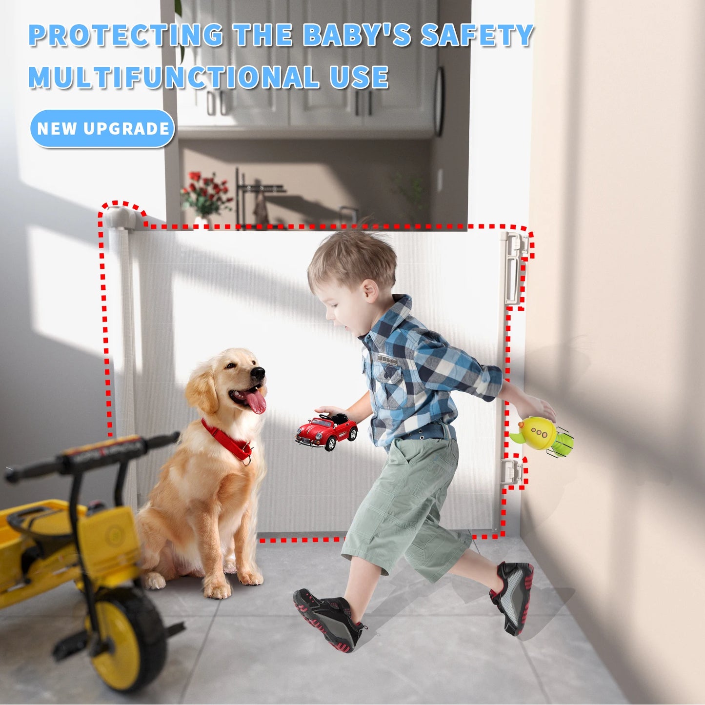 Extra Wide Retractable Dog Gate for Babies and Pets, One Handed Operation. Mesh Safety