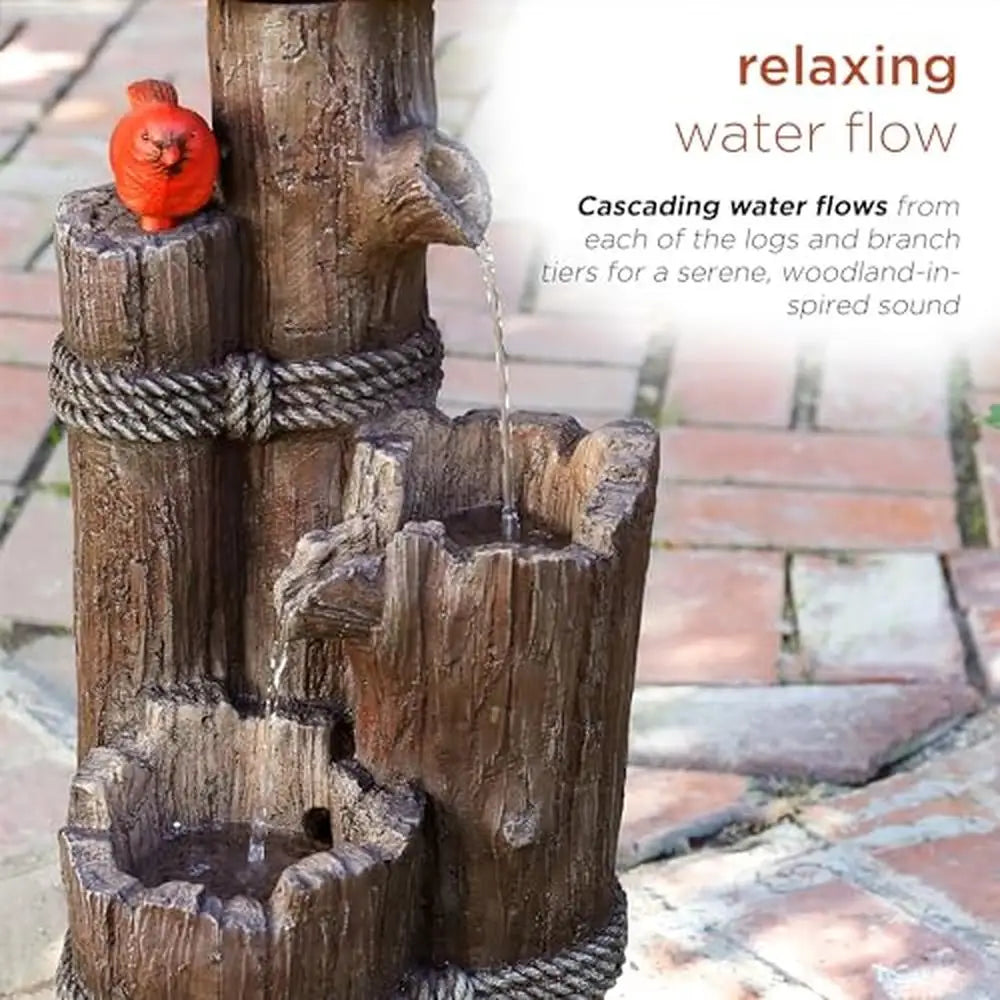 3-Tiered Log/Branch Waterfall Birdhouse Fountain Outdoor, Serene Woodland Sound, Rust-Resistant Polyresin 35"