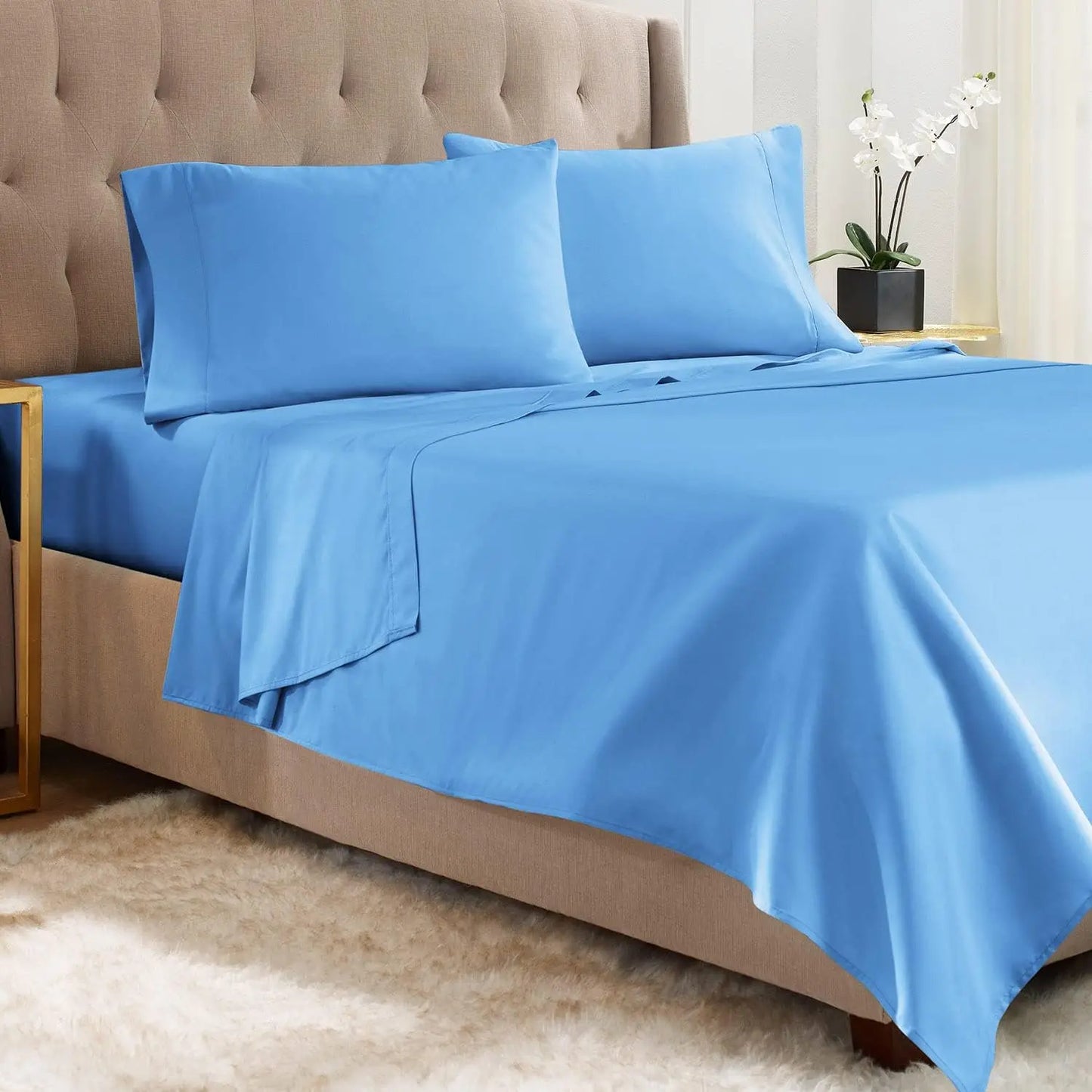 Size - Double Brushed Microfiber Queen Size Sheets - Hotel Luxury Calm Blue, 4 Corner Elastic Straps