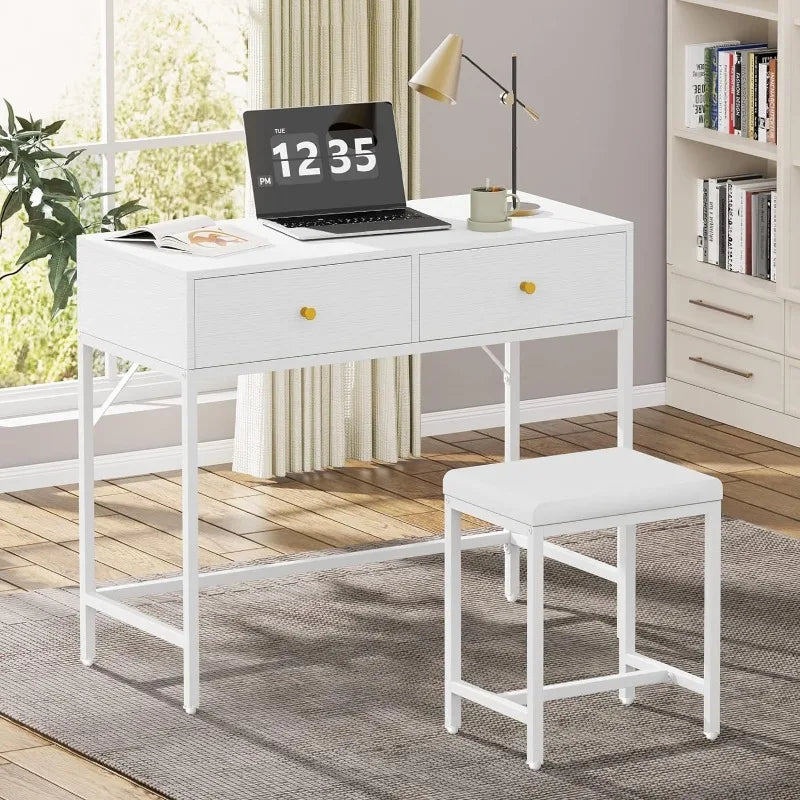 Desk with 2 Drawers,Modern Makeup Vanity Desk with Padded Stool, Small Computer Table Home Office Desk for Writing Study Bedroom