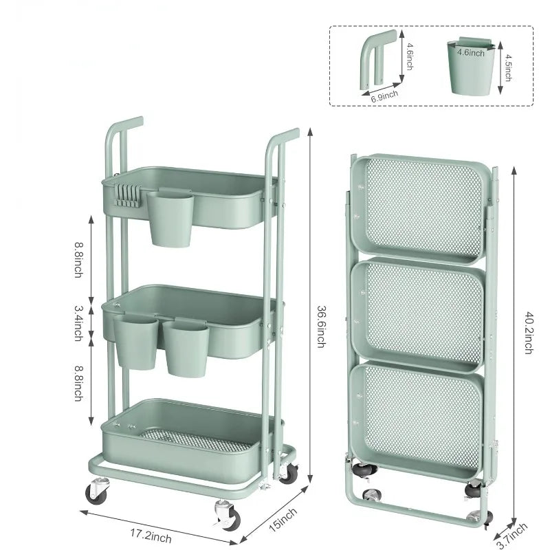 Foldable Rolling , Metal Utility Cart, Lockable Wheels