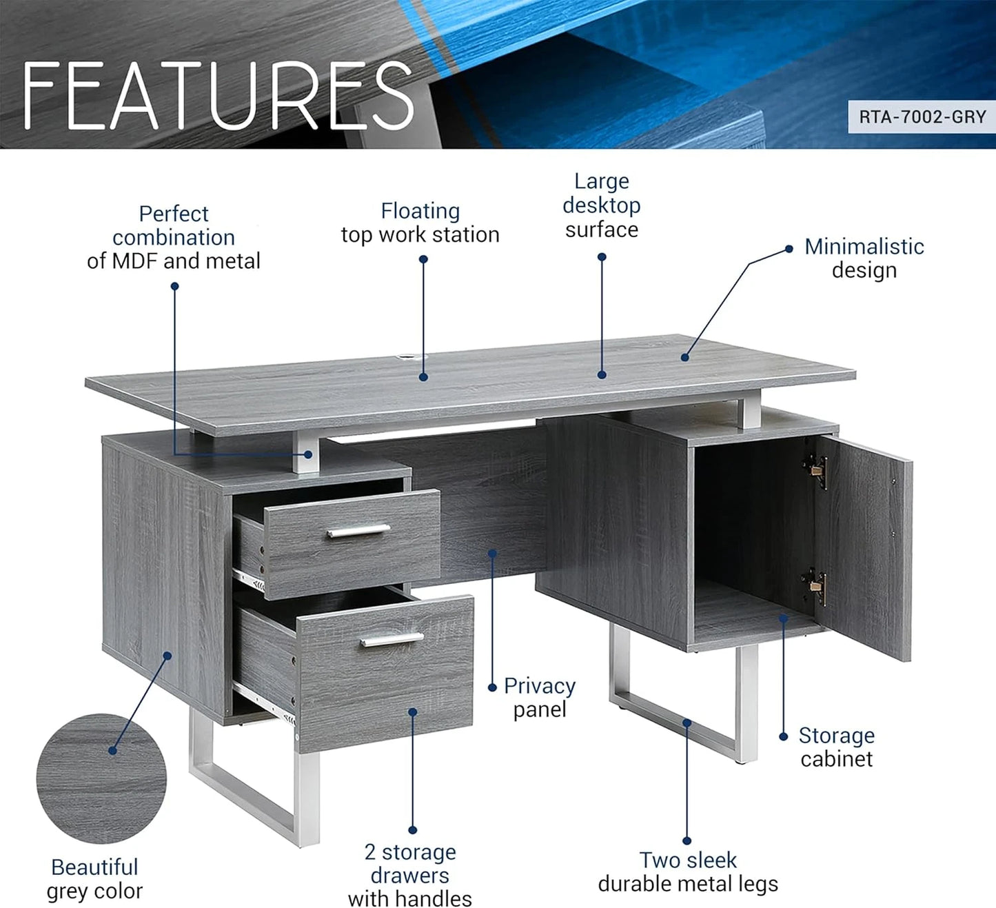 Computer table Modern Office Desk, Storage Gray