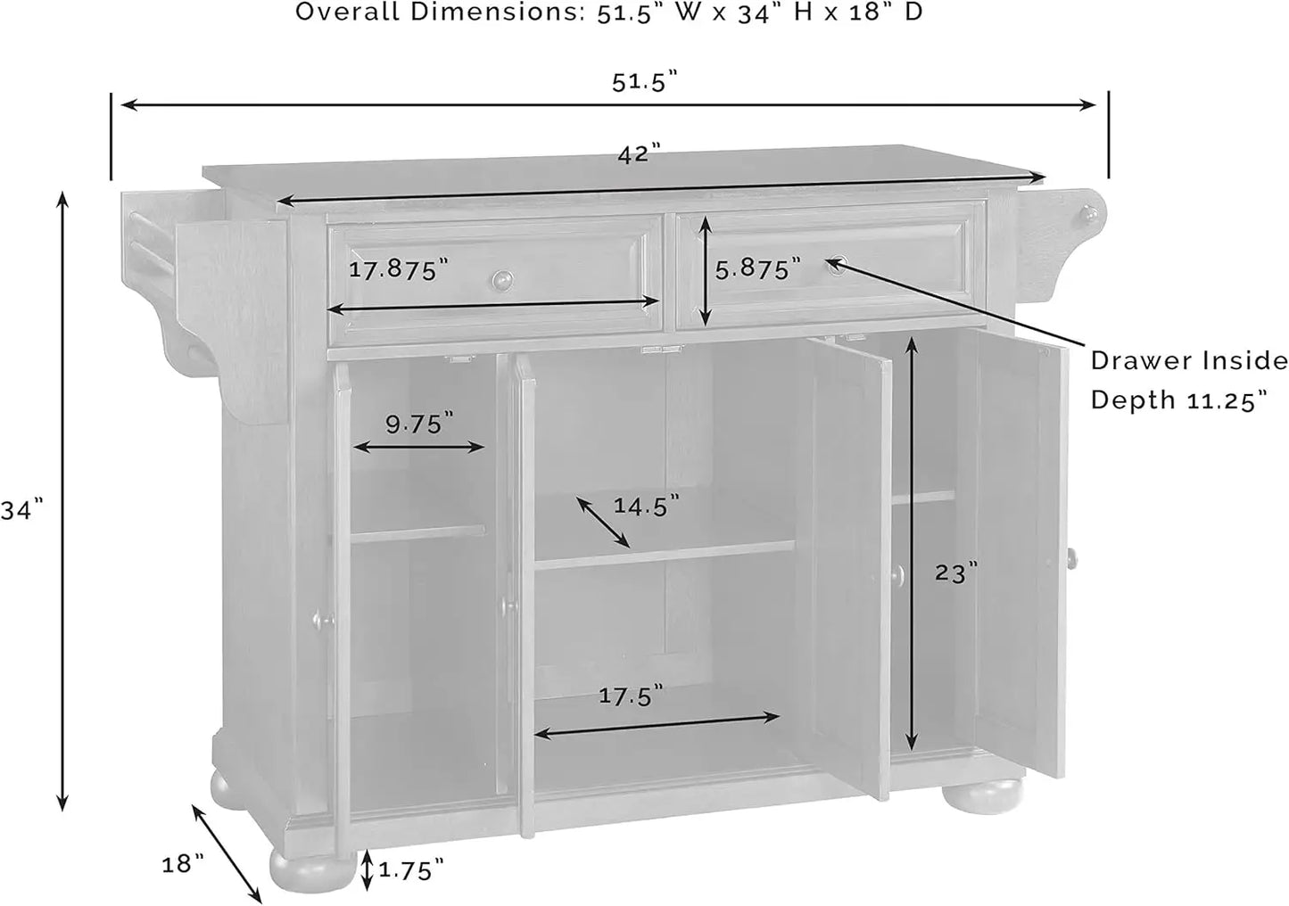 Kitchen Island with Solid Grey Granite Top