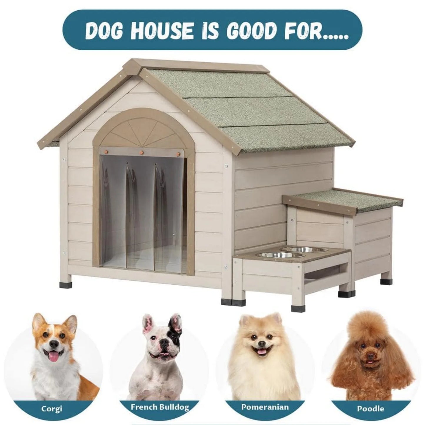 Outdoor Wood House , Small/Medium Dogs, Storage Box , Feeding Station 2 Bowls