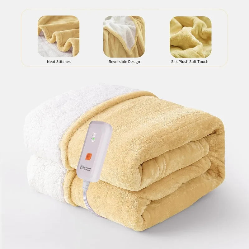 Electric Throw 50''X60''-Soft Silky Plush Electric Blanket. 4 Heating Level & 3 Hour Auto Off