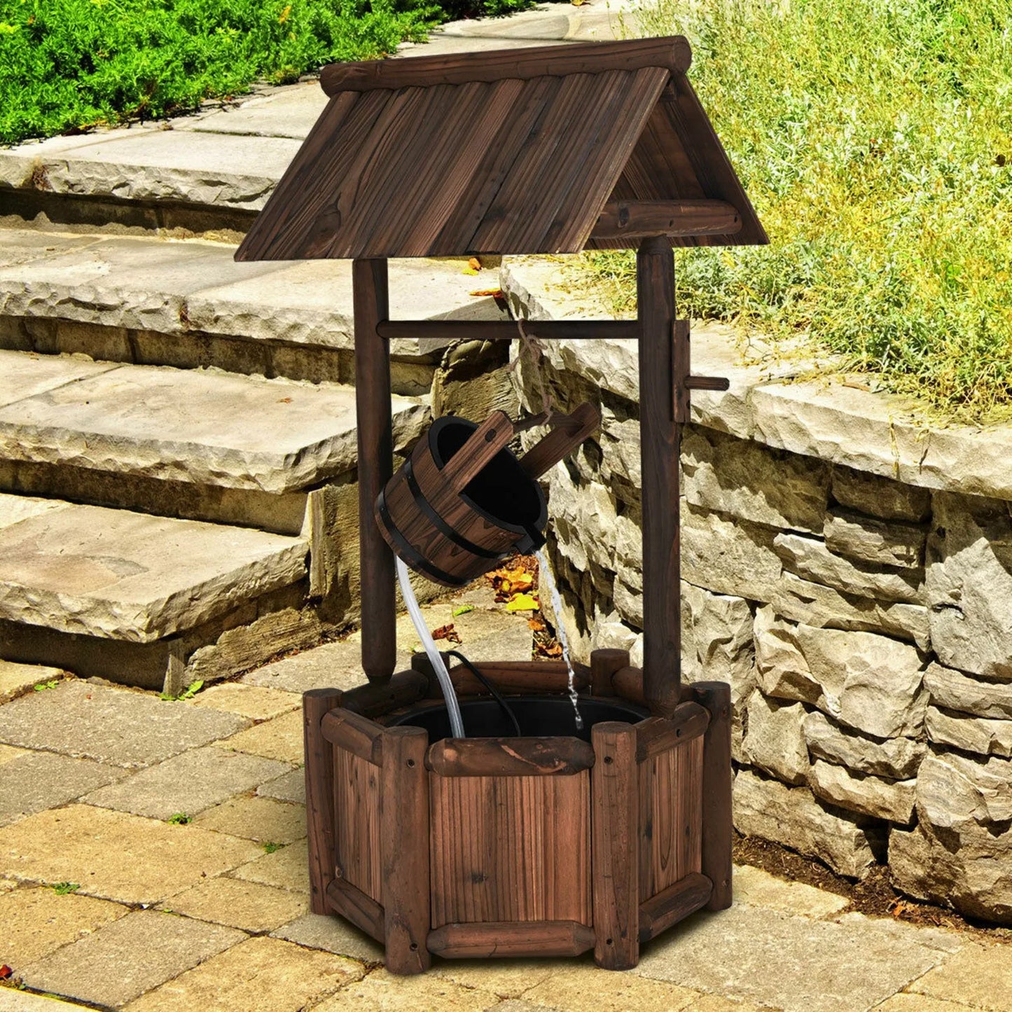 Wishing Well, Water Fountain, Wooden Electric Pump, Outdoor