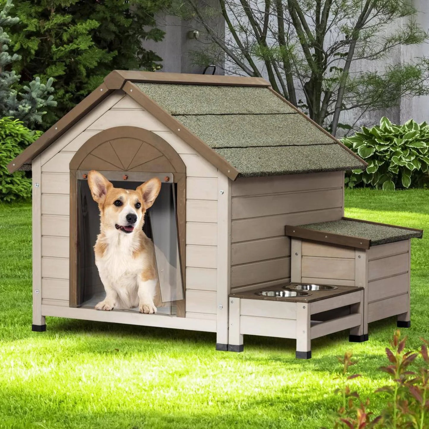 Outdoor Wood House , Small/Medium Dogs, Storage Box , Feeding Station 2 Bowls