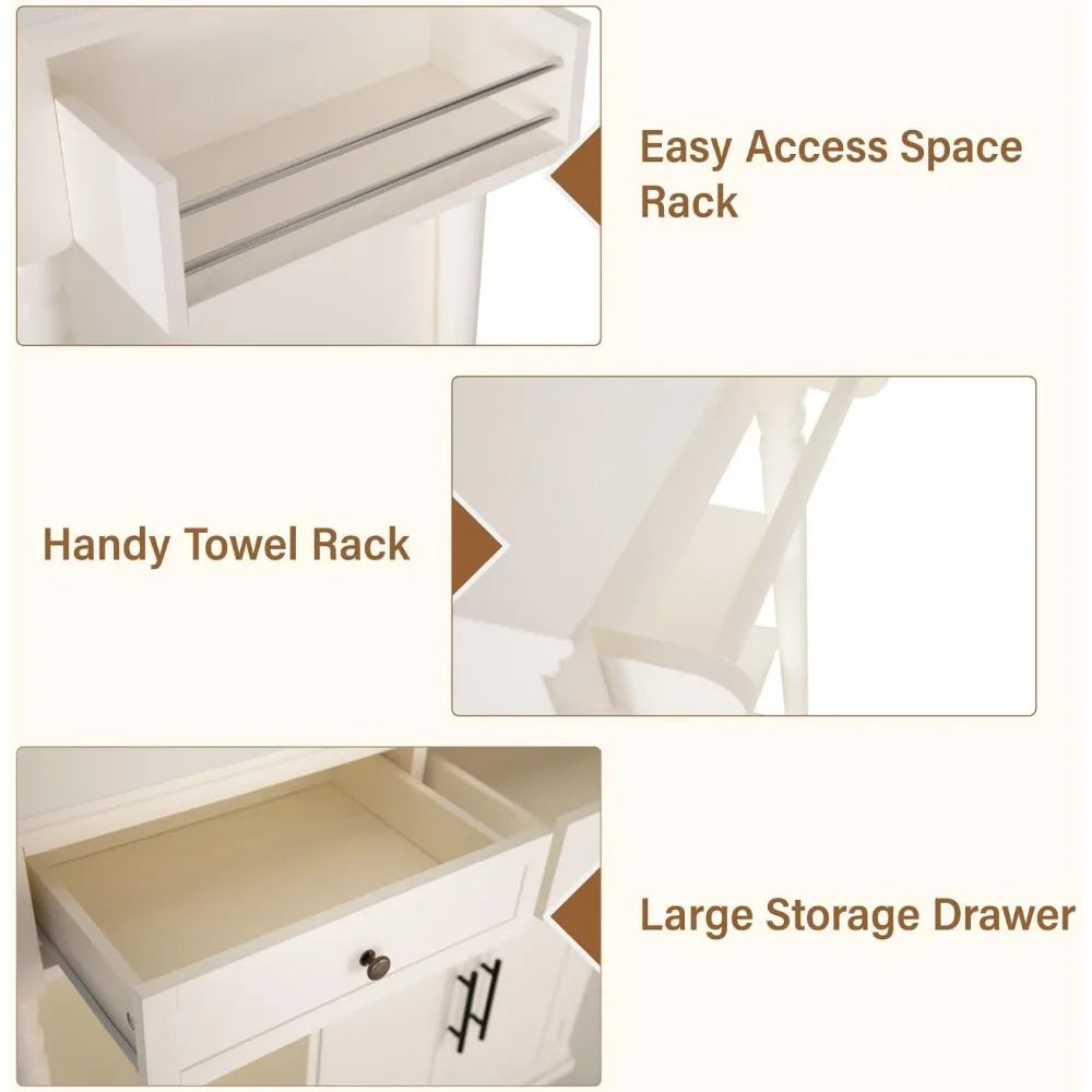 Rolling Kitchen Island Cart, Open Shelves, Drawers, Towel Holder