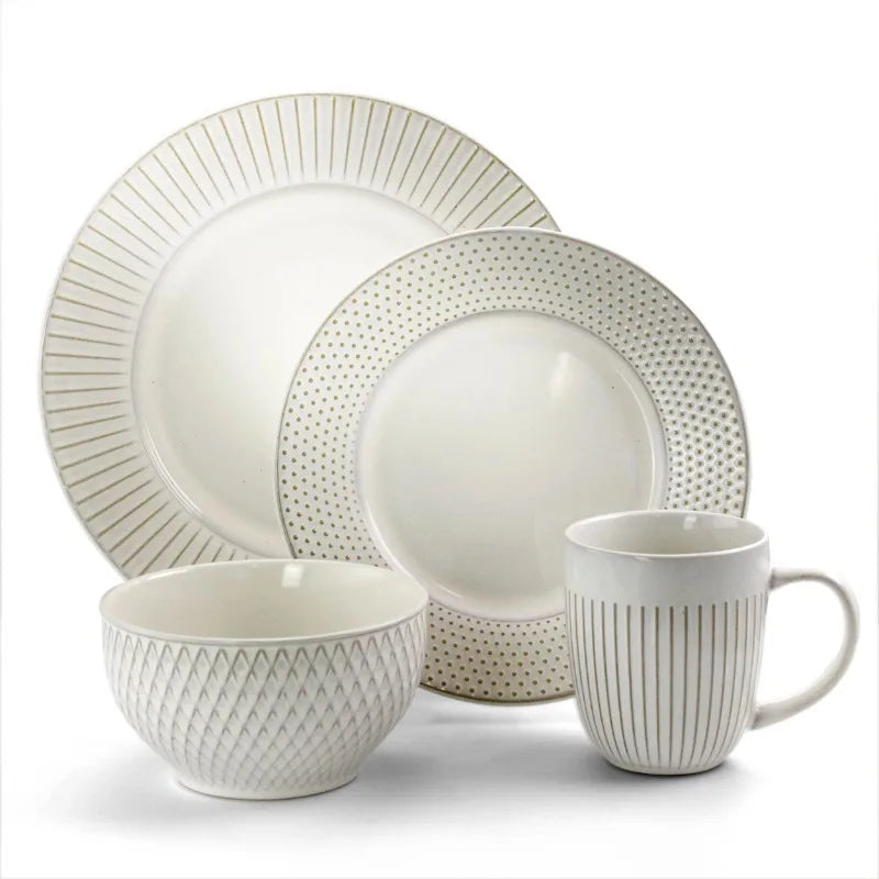 16-Piece  Stoneware Dinnerware, Embossed White - Good Bargain Finds