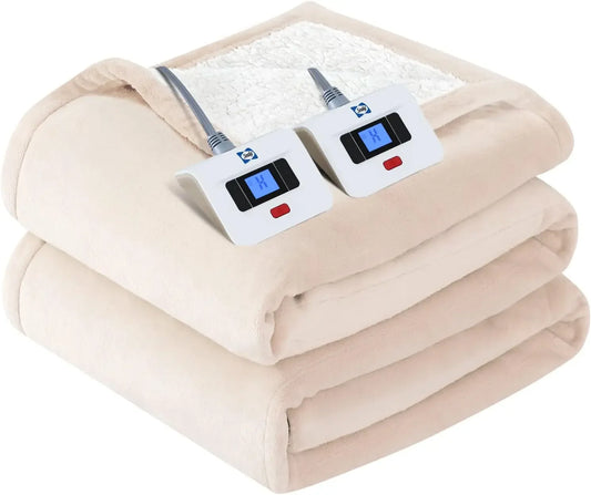 Electric Blanket Queen Size, Flannel & Sherpa Heated, 10 Heat Setting & 1-12 Hour Auto Shut Off, Fast Heating