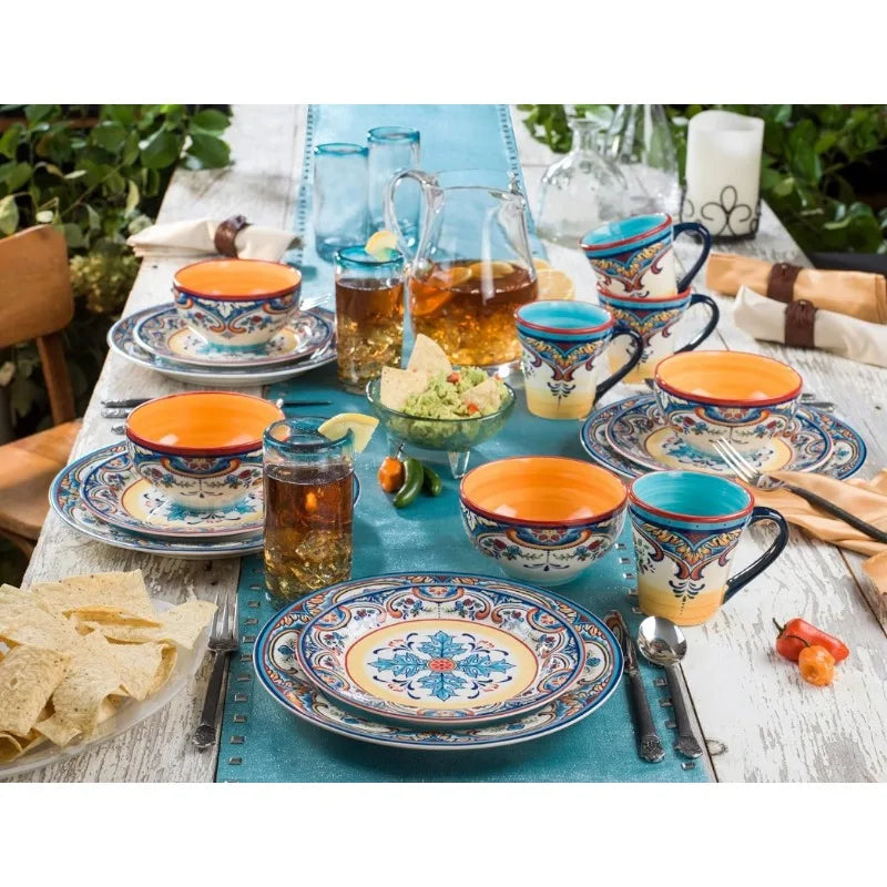 Zanzibar Collection 16 Piece Dinnerware Set Kitchen and Dining, Service for 4, Spanish Floral Design, Multicolor