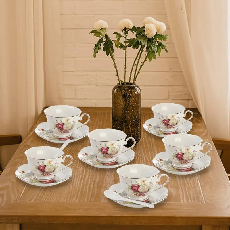 6 Tea Cups, Saucers Set,  Floral/Gold Trim, Spoons - Good Bargain Finds