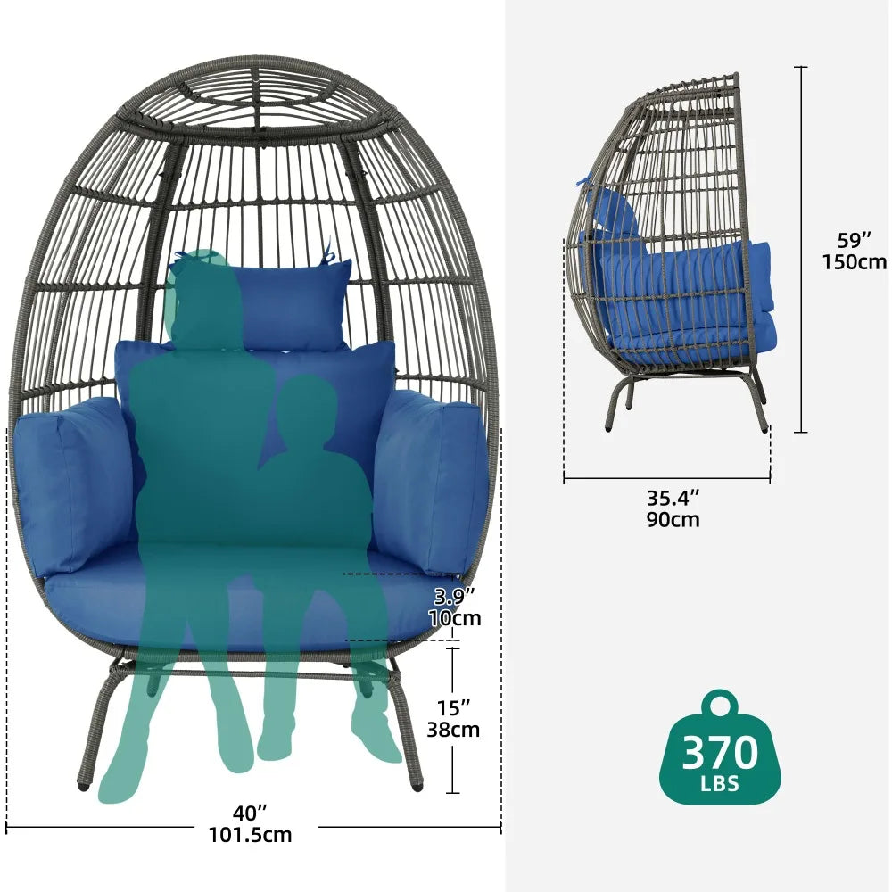 Wicker Egg Chair Outdoor Indoor, Oversized Lounger, 370lbs Capacity, Stand, Cushion